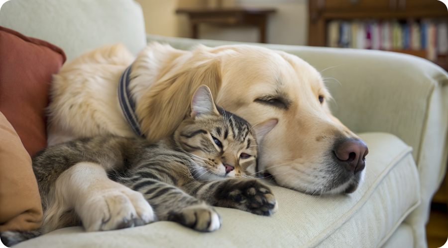 Katze und Hund schmusen auf dem Sofa