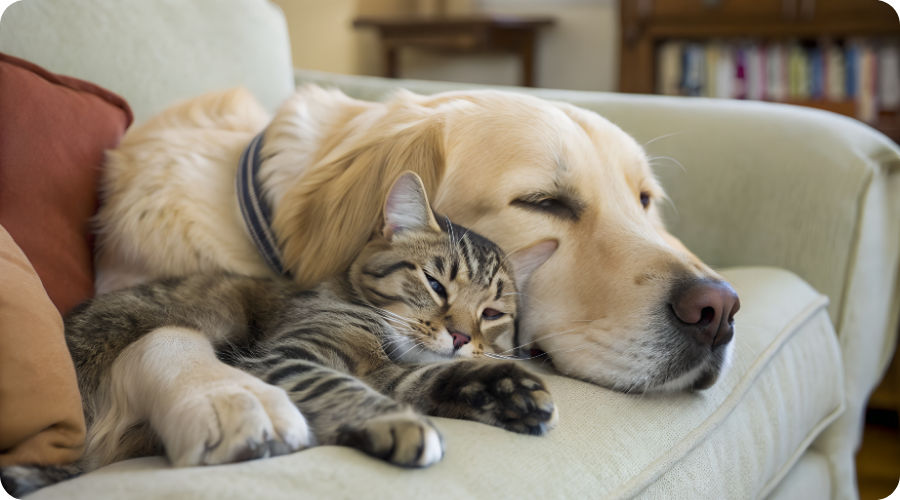 Un chien et un chat se câlinent sur le canapé et s’endorment.